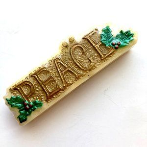 Vintage Christmas Candle PEACE Holly Gold Table Mantle Centerpiece Artmark